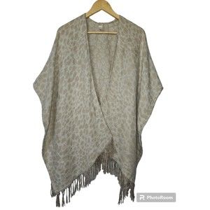Cato Ivory Animal Print Blanket Scarf Wrap Ruana With Fringe One Size Fits All